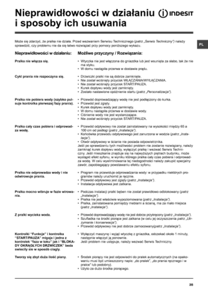 Page 3535
PL
Nieprawidłowości w działaniu  
i sposoby ich usuwania
Może się zdarzyć, że pralka nie działa. Przed wezwaniem Serwisu Technicznego (patrz „Serwis Techniczny”) należy 
sprawdzić, czy problemu nie da się łatwo rozwiązać przy pomocy poniższego wykazu.
Nieprawidłowości w działaniu:
Pralka nie włącza się.
Cykl prania nie rozpoczyna się.
Pralka nie pobiera wody (szybko pul-
suje kontrolka pierwszej fazy prania).
Pralka cały czas pobiera i odprowad-
za wodę.
Pralka nie odprowadza wody i nie 
odwirowuje...