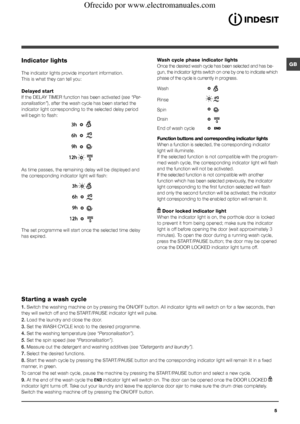 Page 55
GBIndicator lights
The indicator lights provide important information.
This is what they can tell you:
Delayed start
If the DELAY TIMER function has been activated (see “Per-
sonalisation”), after the wash cycle has been started the 
indicator light corresponding to the selected delay period 
will begin to flash:
As time passes, the remaining delay will be displayed and 
the corresponding indicator light will flash:
The set programme will start once the selected time delay 
has expired.
Wash cycle...