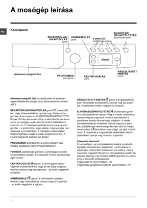 Page 1616
HU
Mosószer-adagoló fiók: a mosószerek és adalékan-
yagok betöltésére szolgál (lásd „Mosószerek és mosan-
dók”).
BEKAPCSOLÁS/KIKAPCSOLÁS gomb : a készülék 
be-, vagy kikapcsolásához nyomja meg röviden ezt a 
gombot. Amennyiben az ELINDÍTÁS/SZÜNETELTETÉS 
lámpa zöld fénnyel lassan villog, a készülék be van kapc-
solva. A mosógép mosás közben történő leállításához 
hosszan, kb. 2 másodpercig tartsa lenyomva a nyomó-
gombot – a gomb rövid, vagy véletlen megnyomása nem 
kapcsolja le a készüléket. A...