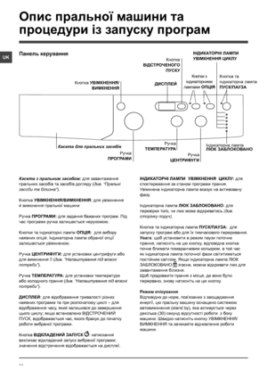 Page 2828
UK
Касета з пральним засобом: для завантаження 
пральних засобiв та засобiв догляду (див. “Пральнi 
засоби та бiлизна”).
Кнопка УВIМКНЕННЯ/ВИМКНЕННЯ: для увiмкнення 
й вимкнення пральної машини
Ручка ПРОГРАМИ: для задання бажаних програм. Під 
час програми ручка залишається нерухомою.
Кнопки та індикаторні лампи ОПЦІЯ:  для вибору 
наявних опцій. Iндикаторна лампа обраної опцiї 
залишається увiмкненою.
Ручка ЦЕНТРИФУГИ: для установки центрифуги або 
для вимкнення її (див. “Налаштування пiд власнi...