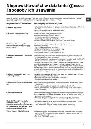 Page 59PL
59
Nieprawidłowości w działaniu  
i sposoby ich usuwania
Może się zdarzyć, że pralka nie działa. Przed wezwaniem Serwisu Technicznego (patrz „Serwis Techniczny”) należy 
sprawdzić, czy problemu nie da się łatwo rozwiązać przy pomocy poniższego wykazu.
Nieprawidłowości w działaniu:
Pralka nie włącza się.
Cykl prania nie rozpoczyna się.
Pralka nie pobiera wody (Na 
wyświetlaczu pojawi się pulsujący 
napis „H2O”).
Pralka cały czas pobiera i odprowad-
za wodę.
Pralka nie odprowadza wody i nie 
odwirowuje...