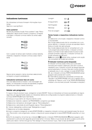 Page 29PT
29
Indicadores luminosos
Os indicadores luminosos fornecem informações impor-
tantes.
Vejamos o que significam:
Início posterior
Se tiver sido activada a função “Início posterior” (veja “Perso-
nalizações”) depois de ter iniciado o programa, começará 
a lampejar o indicador luminoso relativo ao atraso selec-
cionado.
Com o passar do tempo será mostrado a atraso restante, 
mediante o respectivo indicador luminoso aceso intermi-
tente:
Depois de ter passado o tempo de atraso seleccionado, 
começará o...