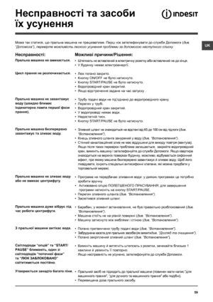 Page 5959
UK
Несправності та засоби 
їх усунення
Може так статися, що пральна машина не працюватиме. Перш ніж зателефонувати до служби Допомоги (див. 
“Допомога”), перевірте можливість легкого усунення проблеми за допомогою наступного списку.
Несправності:
Пральна машина не вмикається.
Цикл прання не розпочинається.
Пральна машина не завантажує 
воду (швидко блимає 
iндикаторна лампа першої фази 
прання).
Пральна машина безперервно 
завантажує та зливає воду.
Пральна машина не зливає воду 
або не вмикає...