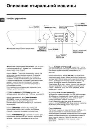 Page 7676
CIS
Описание стиральной машины
Консоль управления
Кнопка 
ТЕМПЕРАТУРА
РУКОЯТКА 
ВЫБОРА 
ПРОГРАММ
Ячейка для стирального вещества
Кнопка ON/OFF
Кнопка ОТЖИМКнопка с индикатором 
START/PAUSE
ДИСПЛЕЙ
Кнопка ТАЙМЕР 
ОТСРОЧКИ 
Кнопки с индикаторами 
ФУНКЦИИ
Индикатор ЛЮК 
ЗАБЛОКИРОВАН
Ячейки для стирального вещества: для загрузки 
стиральных веществ и добавок (см. “Стиральные 
вещества и типы белья”).
Кнопка ON/OFF : быстро нажмите эту кнопку для 
включения или выключения машины. Индикатор 
START/PAUSE,...