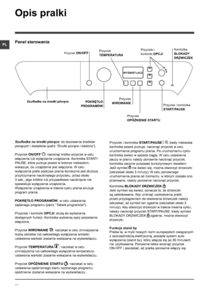 Page 2828
PL
Opis pralki
Panel sterowania
Przycisk 
TEMPERATURA
POKRĘTŁO 
PROGRAMÓW
Szufladka na środki piorące
Przycisk ON/OFF
Przycisk 
WIROWANIEPrzycisk i kontrolka 
START/PAUSE
WYŚWIETLACZ
Przycisk  
OPÓŹNIENIE STARTU
Przyciski i 
kontrolki OPCJI
Kontrolka 
BLOKADY 
DRZWICZEK
Szufladka na środki piorące: do dozowania środków 
piorących i dodatków (patrz “Środki piorące i bielizna”).
Przycisk ON/OFF : nacisnąć krótko przycisk w celu 
włączenia lub wyłączenia urządzenia. Kontrolka START/
PAUSE, która pulsuje...