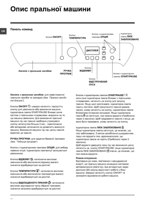 Page 5252
UK
Опис пральної машини
Панель команд
Кнопка 
ТЕМПЕРАТУРА
РУЧКА 
ПРОГРАМ
Касета з пральним засобом
Кнопка ON/OFF
Кнопка 
ВIДЖИМУ
Кнопка з iндикаторною 
лампою START/PAUSE
ДИСПЛЕЙ
Кнопка 
ВIДСТРОЧЕНИЙ 
ПУСК
Кнопки з iндикаторними 
лампами ОПЦIЯ
Iндикаторна 
лампа ЛЮК 
ЗАБЛОКОВАНО
Касета з пральним засобом: для завантаження 
пральних засобiв та присадок (див. “Пральнi засоби 
та бiлизна”).
Кнопка ON/OFF : швидко натисніть і відпустіть 
кнопку для увiмкнення або вимкнення машини. 
Iндикаторна лампа...