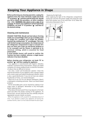 Page 1210
Keeping Your Appliance in Shape
Before performing any cleaning operation, unplug the
appliance from the mains electricity supply (set knob
“F” to position “
” and then pull the plug out). Should
you fail to follow this procedure, an alarm condition
may  arise. 
WARNING: this alarm is not a sign of an
anomaly. To restore your appliance’s normal operating
conditions, set knob “F” to position “
” and then to
the desired setting.
Cleaning and maintenance
HOLIDAY FUNCTION. Mould and bad odours forming...