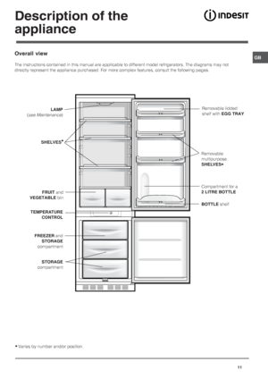 Page 11GB
11
Description of the
appliance
Overall view
The instructions contained in this manual are applicable to different model refrigerators. The diagrams may not
directly represent the appliance purchased. For more complex features, consult the following pages.
• Varies by number and/or position.Removable lidded
shelf with EGG TRAY
Removable
multipurpose
SHELVES
• •• •
•
Compartment for a
2 LITRE BOTTLE
BOTTLE shelf
TEMPERATURE
CONTROLLAMP
 (
see Maintenance)
 SHELVES
•
FRUIT and
VEGETABLE bin
FREEZER and...