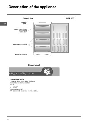 Page 1414
CONTROL
PA N E L
ADJUSTABLE FEETS FREEZER and STOR AGE 
compartment
with ICE TR AY 
THERMOSTAT KNOB
This knob allows you to adjust the freezer
temperature to different position:
0 – off;
1 – warmest;
5 – coldest;
super – super mode.
We recommend, however, a medium position.
Description of the appliance
GB
Control panel
SFR 100Overall view
STOR AGE compar tment
Аownloaded from FridgeфЯanual!com Яanuals   