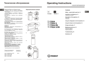 Page 10CIS1011CISÒåõíè÷åñêèå õàðàêòåðèñòèêèÒåõíè÷åñêîå îáñëóæèâàíèåCISGBÒåõíè÷åñêèå õàðàêòåðèñòèêèOperating Instructions2-DOOR REFRIGERATORCISÐÓÑÑÊÈÉ, 1GBENGLISH, 11Ïåðåíàâåøèâàíèå äâåðåé12345Contents
Safety - a good habit to get into, 12
Installation and Setting up, 13
Positioning and connection
Description of the appliance, 14
Overall view
Control panel
 
Using the refrigerator to its full potential, 15
Using the freezer to its full potential, 16Energy saving tips, 17Maintenance and care, 18
Defrosting the...