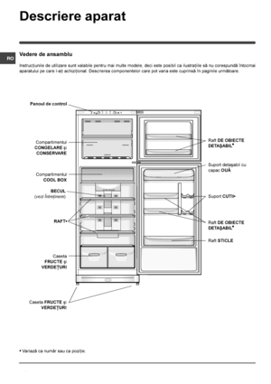 Page 44
RO
Descriere aparat
Vedere de ansamblu
Instrucþiunile de utilizare sunt valabile pentru mai multe modele, deci este posibil ca ilustraþiile sã nu corespundã întocmai
aparatului pe care l-aþi achiziþionat. Descrierea componentelor care pot varia este cuprinsã în paginile urmãtoare.
• Variazã ca numãr sau ca poziþie.
Q
Suport detaºabil cu
capac OUÃ
Raft DE OBIECTE
DETAªABIL
•
Raft STICLE  RAFT•
Caseta
FRUCTE ºi
VERDEÞURI
Caseta FRUCTE ºi
VERDEÞURI
Compartimentul
CONGELARE ºi
CONSERVARE
Panoul de control...