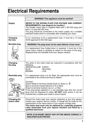 Page 5Electrical Requirements
Supply
Changing
the fuse
Moulded plug
Changing
the plug
Rewirable plug
Changing the
mains cable
WARNING: This appliance must be earthed!
REFER TO THE RATING PLATE FOR VOLTAGE AND CURRENT
REQUIREMENTS. (see diagram for location.)
The flexible mains lead is supplied fitted with a BS1363 plug and
with a 13 amp BS1362 fuse.
The plug should be connected to the mains supply via a suitable
switched socket which is accessible after installing your dryer.
If it is necessary to fit a...