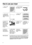 Page 88
How to use your dryer
1. Plug in, switch
on electricity.2. Sort your laundry
(see section “Sorting
Your Laundry”)
3. Open the door
by pressing and
releasing the front
panel in the position
shown.4. Always check
the following:
5. Load the dryer
placing the
clothes carefully in
the drum pushing
them well towards
the back and
away from the
door seal. Close
the door.6. Select the alarm,
if required.
(see section “The
Controls”)7. Select the
required programme
or drying time.
(see section “The
Controls”)
8....