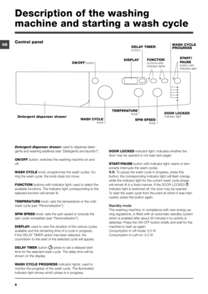 Page 66
GB
Detergent dispenser drawer: used to dispense deter-
gents and washing additives (see “Detergents and laundry”).
ON/OFF button: switches the washing machine on and 
off.
WASH CYCLE knob: programmes the wash cycles. Du-
ring the wash cycle, the knob does not move. 
FUNCTION buttons with indicator light: used to select the 
available functions. The indicator light corresponding to the 
selected function will remain lit.
TEMPERATURE knob: sets the temperature or the cold 
wash cycle (see...