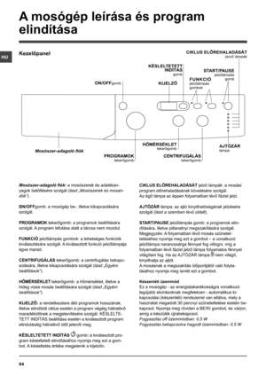 Page 5454
HU
Mosószer-adagoló fiók: a mosószerek és adalékan-
yagok betöltésére szolgál (lásd „Mosószerek és mosan-
dók”).
ON/OFFgomb: a mosógép be-, illetve kikapcsolására 
szolgál.
PROGRAMOK tekerőgomb: a programok beállítására 
szolgál. A program lefutása alatt a tárcsa nem mozdul.
FUNKCIÓ jelzőlámpás gombok: a lehetséges funkciók 
kiválasztására szolgál. A kiválasztott funkció jelzőlámpája 
égve marad.
CENTRIFUGÁLÁS tekerőgomb: a centrifugálás bekapc-
solására, illetve kikapcsolására szolgál (lásd „Egyéni...