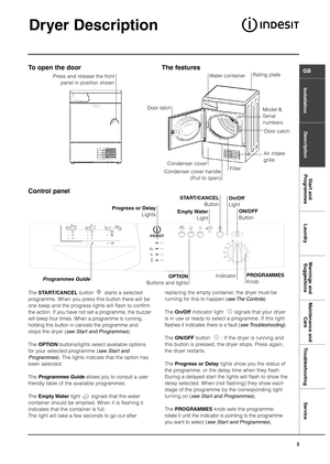 Page 3InstallationDescriptionStart and
Programmes LaundryWarnings and
SuggestionsMaintenance and
Care Troubleshooting Service
GB
3
Dryer Description
replacing the empty container, the dryer must be 
running for this to happen (see The Controls).
The On/Offindicator light       signals that your dryer
is in use or ready to select a programme. If this light
flashes it indicates there is a fault (see Troubleshooting).
The ON/OFF button       : If the dryer is running and
this button is pressed, the dryer stops....