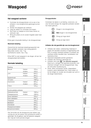 Page 79InstallatieBeschrijvingStart en
programma’s WasgoedVeiligheidsinstructies
en
WaarschuwingenReiniging en
onderhoudProblemen
oplossen Technische dienst
NL
79
Wasgoed
Het wasgoed sorteren
•  Controleer de droogsymbolen om te zien of de
artikelen in de droogtrommel gedroogd kunnen
worden. 
•  Sorteer het wasgoed per stofsoort. 
•  Leeg de zakken en controleer de knopen. 
•  Sluit ritsen en haakjes en bind losse riemen en
ceinturen vast. 
•  Wring elk artikel uit om zoveel mogelijk water kwijt
te raken. 
!Doe...