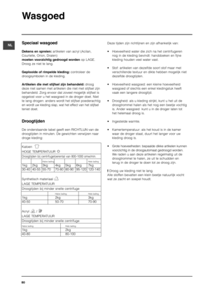 Page 80Wasgoed
80
NLSpeciaal wasgoed
Dekens en spreien:artikelen van acryl (Acilan,
Courtelle, Orion, Dralen) 
moeten voorzichtig gedroogd wordenop LAGE.
Droog ze niet te lang. 
Geplooide of rimpelde kleding:controleer de
droogsymbolen in de kleding. 
Artikelen die met stijfsel zijn behandeld:droog
deze niet samen met artikelen die niet met stijfsel zijn
behandeld. Zorg ervoor dat zoveel mogelijk stijfsel is
opgelost voor u het wasgoed in de droger doet. Niet
te lang drogen: anders wordt het stijfsel...