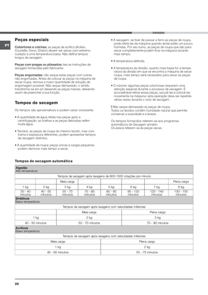 Page 28&
%+
%E			
$



= as peças de acrílico (Acilian,
Courtelle, Orion, Dralon) devem ser secas com extremo
cuidado a uma temperatura baixa. Não defina tempos
longos de secagem.
G

#
	
= leia as instruções de
secagem fornecidas pelo fabricante.
G#
= não seque estas peças com outras
não engomadas. Antes de colocar as peças na máquina de
secar roupa, remova a maior quantidade de solução de
engomagem possível. Não seque demasiado: o amido
transforma-se em...