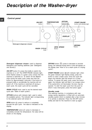 Page 66
GB
Detergent dispenser drawer: used to dispense
detergents and washing additives (see “Detergents
and laundry”).
ON/OFF button 
: press this briefly to switch the
machine on or off. The START/PAUSE indicator light,
which flashes slowly in a green colour shows that the
machine is switched on. To switch off the Washer-
dryer during the wash cycle, press and hold the
button for approximately 2 seconds; if the button is
pressed briefly or accidentally the machine will not
switch off. If the machine is...
