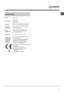 Page 5GB
5
Technical data
Model
IWDE 7125
Dimensionswidth 59.5 cm
height 85 cm
depth 53,5 cm
Capacityfrom 1 to 7 kg for the wash programme;
from 1 to 5 kg for the drying programme
Electrical
connectionsplease refer to the technical data plate
fixed to the machine
Wa t e r
connectionsmaximum pressure 1 MPa (10 bar)
minimum pressure 0.05 MPa (0.5 bar)
drum capacity 52 litres
Spin speed
up to 1200 rotations per minute
Energy rated
programmes
according to
regulation
EN 50229Wa sh : programme 2; temperature 60°C;...