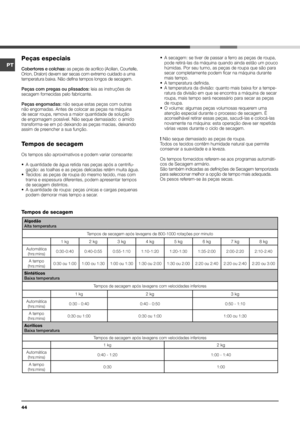 Page 4444
Peças especiais
Cobertores e colchas: as peças de acrílico (Acilian, Courtelle, 
Orion, Dralon) devem ser secas com extremo cuidado a uma 
temperatura baixa. Não defina tempos longos de secagem.
Peças com pregas ou plissados: leia as instruções de 
secagem fornecidas pelo fabricante.
Peças engomadas: não seque estas peças com outras 
não engomadas. Antes de colocar as peças na máquina 
de secar roupa, remova a maior quantidade de solução 
de engomagem possível. Não seque demasiado: o amido...