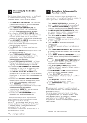 Page 44ITDEBeschreibung des GerätesBedienfeldDas hier beschriebene Bedienfeld dient nur als Beispiel, 
es handelt sich nicht unbedingt um eine genaue
Widergabe des von Ihnen erworbenen Modells.
1 Taste ERHÖHEN DER LEISTUNG: Zum Einschalten 
sowie zur Leistungsregelung der Kochzone (siehe 
Inbetriebsetzung und Gebrauch).
2 Taste HERABSETZEN DER LEISTUNG: Zur 
Leistungsregelung sowie zum Ausschalten der 
Kochzone (siehe Inbetriebsetzung und Gebrauch).
3 Kontrollleuchte GEWÄHLTE KOCHZONE: Diese 
zeigt an, dass...