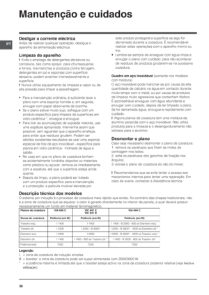 Page 3838
PT
Manutenção e cuidados
Desligar a corrente eléctrica
Antes de realizar qualquer operação, desligue o 
aparelho da alimentação eléctrica.
Limpeza do aparelho
!  Evite o emprego de detergentes abrasivos ou 
corrosivos, tais como sprays  para churrasqueiras 
e fornos, tira-manchas e produtos contra ferrugem, 
detergentes em pó e esponjas com superfície 
abrasiva: podem arranhar irremediavelmente a 
superfície.
!  Nunca utilize equipamento de limpeza a vapor ou de 
alta pressão para limpar a...