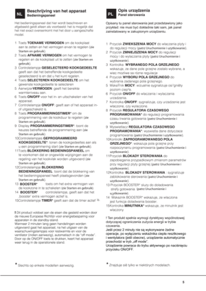 Page 5GB5NLPL Beschrijving van het apparaatBedieningspaneelOpis urządzeniaPanel sterowaniaHet bedieningspaneel dat hier wordt beschreven en 
afgebeeld geldt alleen als voorbeeld: het is mogelijk dat 
het niet exact overeenkomt met het door u aangeschafte 
model.1 Toets TOENAME VERMOGEN om de kookplaat 
aan te zetten en het vermogen ervan te regelen (zie 
Starten en gebruik).
2 Toets AFNAME VERMOGEN om het vermogen te 
regelen en de kookplaat uit te zetten (zie Starten en 
gebruik).
3 Controlelampje...