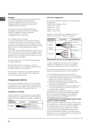Page 4848
ITFissaggio
L’installazione dell’apparecchio deve essere effettuata 
su un piano d’appoggio perfettamente piano. 
Le eventuali deformazioni provocate da un errato 
fissaggio potrebbero alterare le caratteristiche e 
le prestazioni del piano cottura.
La lunghezza della vite di regolazione dei ganci 
di fissaggio va impostata prima del loro montaggio, 
in base allo spessore del piano d’appoggio:
•   spessore di 30 mm: vite 23 mm;
•   spessore di 40 mm: vite 13 mm.
Per il fissaggio agire come segue:
1....