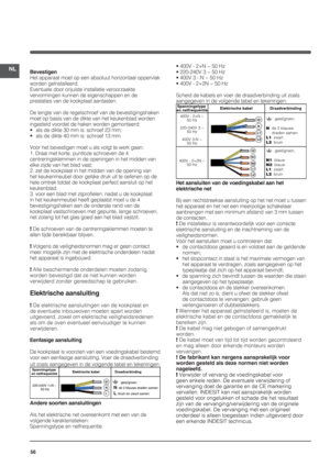 Page 5656
NLBevestigen
Het apparaat moet op een absoluut horizontaal oppervlak 
worden geïnstalleerd. 
Eventuele door onjuiste installatie veroorzaakte 
vervormingen kunnen de eigenschappen en de 
prestaties van de kookplaat aantasten.
De lengte van de regelschroef van de bevestigingshaken 
moet op basis van de dikte van het keukenblad worden 
ingesteld voordat de haken worden gemonteerd:
•  als de dikte 30 mm is: schroef 23 mm;
•  als de dikte 40 mm is: schroef 13 mm.
Voor het bevestigen moet u als volgt te...