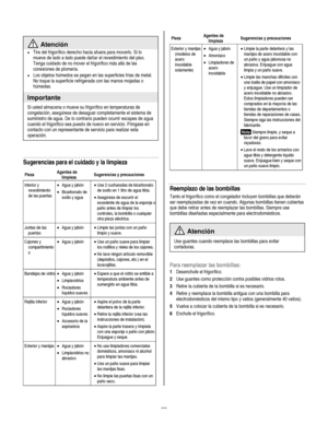 Page 28
  
 
 Atención 
• Tire del frigorífico derecho hacia afuera para moverlo. Si lo 
mueve de lado a lado puede dañar el revestimiento del piso. 
Tenga cuidado de no mover el frigorífico más allá de las 
conexiones de plomería. 
• Los objetos húmedos se pegan en las superficies frías de metal. 
No toque la superficie refrigerada con las manos mojadas o 
húmedas.  
Importante 
Si usted almacena o mueve su frigorífico en temperaturas de 
congelación, asegúrese de desaguar completamente el sistema de...