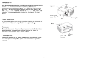 Page 54
Introduction
Your new digital projector is simple to connect, easy to use, and straightforward to 
maintain. It is a versatile projector that is flexible enough for business 
presentations and home video viewing too. The IN2124x/IN2124xw has native 
XGA 1024 x 768 resolution, the IN2126x/IN2126xw has native WXGA 1280 x 
800 resolution, and the IN2128HDx/IN2128HDxw has native 1080p 1920 x 1080 
resolution. They are compatible with a wide variety of computers and video 
devices.
Product specifications
To...