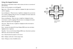 Page 2221
Using the keypad buttons
Most buttons are described in detail in other sections, but here is an overview of 
their functions:
Power–turns the projector on and off (page 8).
Right arrow - When the menu or LightCast is displayed, the right arrow button is 
used fo r na

vigating.
Up arrow/Keystone - When the menu or LightCast is displayed, the up arrow but -
ton is used for navigating. When the menu is not displayed, this button adjusts the 
square ness of th

e image (page 9).
Down arrow/Keystone -...