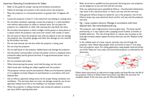 Page 43
Important Operating Considerations for Safety
• Refer to this guide for proper startup and shutdown procedures.
• Follow all warnings and cautions in this manual and on the projector.
• Place the projector in a horizontal position no greater than 15 degrees off 
axis.
•

Locate the projector at least 4 (1.2m) away from any heating or cooling vents.
• Do not block ventilation openings. Locate the projector in a well-ventilated  area witho

ut obstructions to intake or exhaust vents. Do not place the...