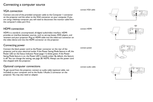 Page 87
Connecting a computer source
VGA connection
Connect one end of the provided computer cable to the Computer 1 connector 
on the projector and the other to the VGA connector on your computer. If you 
are using a desktop computer, you will need to disconnect the monitor cable from 
the computer’s video port first.
HDMI connection
HDMI is a standard, uncompressed, all-digital audio/video interface. HDMI 
provides an interface between sources, such as set-top boxes, DVD players, and 
receivers and your...