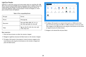 Page 2928
LightCast Reader
LightCast is a document, picture and movie viewer which can read files off a USB 
disk or from the internal 4.2GB memory and project them. In addition, files can be 
copied, pasted, and deleted from both the USB disk and internal memory. To 
control the LightCast reader, use the projector remote and keypad, or a third 
party wireless mouse and keyboard.
Basic operation
1Press the Source button on either the remote or keypad.
2Navigate to LightCast and press the Select button on the...