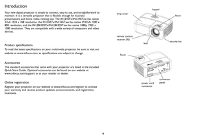 Page 54
Introduction
Your new digital projector is simple to connect, easy to use, and straightforward to 
maintain. It is a versatile projector that is flexible enough for business 
presentations and home video viewing too. The IN124STx/IN124STxw has native 
XGA 1024 x 768 resolution, the IN126STx/IN126STxw has native WXGA 1280 x 
800 resolution, and the IN128HDSTx/IN128HDSTxw has native 1080p 1920 x 
1080 resolution. They are compatible with a wide variety of computers and video 
devices.
Product...