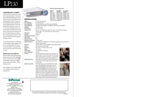 Page 47
24
SPECIFICATIONS 
Display:DLP™from Texas Instruments
Native Resolution:True XGA (1024 x 768)
Data Compatibility:All standard VESA modes, VGA, SVGA, XGA and SXGA 85Hz 
Video CompatibilityFull NTSC (M 4.43), PAL (BGHI, M, N), SECAM (M), HDTV (720p and 1080i RGBHV) 
Brightness:1100 ANSI lumens
Contrast Ratio:400:1 full on full off
Projection Lens:Zoom ratio 1.22:1; Projection ratio wide: 0.72:1; narrow: 0.59:1 (diagonal over distance);
Projection offset 111.3% typical; manual zoom and manual focus 
Light...