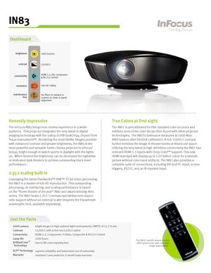 Page 1
IN83
Full-HD 1080presolution
HDMI 1.3, DVI, Component & RS-232 Controlconnectivity
brightness1600 lumens
maintenancefreeNo filters to replace or screens to clean or panel alignment
Just the Facts
1600 Lumens
Contrast
Connectivity 
Lamp life 
BrilliantColor
DLP® Technology
Warranty
bright images in high ambient light environments, SMPTE of 15.2’/4.6m
15,000:1 with active iris/5,000:1 native
HDMI 1.3, Component, S-Video, Composite & RS232 Control
2500 hours
true to life color reproduction
superior...