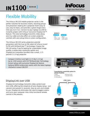 Page 1USB Cable
ProjectorComputer
The InFocus IN1100 mobile projector series is the 
perfect solution for business teams, teaching groups 
and presenters looking for a projector that’s easy to 
use, easy to move, and provides a great image every 
time you turn it on. Connect to your laptop via USB to 
instantly project with InFocus’ exclusive DisplayLink™ 
feature. This new technology transmits video along 
one tiny cable and also offers on-screen projector 
controls with zero setup time or screen...