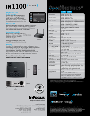 Page 2Intuitive and Easy
to Use Interface
Over 20 years of customer feedback 
has gone into designing the IN 1100 
series best-in-class menu system. 
It is easy to navigate, has  17 standard 
languages and a unique intuitive flow.
LiteShow III™
Eliminate cables and speed set-up time with LiteShow III.
This wireless adapter enables cable-free presentations.
Switch presenters in seconds and transmit data, audio
and stunning video over a  299” (91 m) range.
Optional AccessoriesReplacement Lamp ( SP-LAMP-043)...