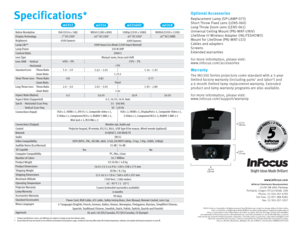 Page 4Specifications*Optional Accessories
Replacement Lamp (SP-LAMP- 073)
Short Throw Fixed Lens (LENS- 060)
Long Throw Zoom Lens (LENS- 061)
Universal Ceiling Mount (PRJ-M NT-U NIV)
LiteShow III Wireless Adapter (I NLITESHOW 3)
Mount for LiteShow (PRJ-M NT-LS 3)
Cables and adapters
Screens
Extended warranties
For more information, please visit: 
www.infocus.com/accessories
Warranty
The  IN5300 Series projectors come standard with a 5-year 
limited factory warranty (including parts1 and labor2) and 
a 6-month...