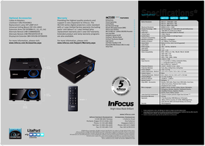 Page 2Specifications*
©2009 InFocus Corporation. All rights reserved. Specifications are subject to change without further notice.
InFocus and InFocus Bright Ideas Made Brilliant are either trademarks or registered trademarks of InFocus Corporation
in the United States and other countries. DLP, the DLP logo, and the DLP medallion are trademarks of Texas Instruments.
All trademarks are used with permission or are for identification purposes only and are the property of their respective companies.
1Excludes...