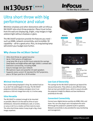 Page 1Minimize shadows and other distractions with an InFocus 
IN130UST ultra short throw projector. Place it just inches 
from the wall and display big, bright, crisp images in high 
ambient light without shadows or glare.
The IN130UST projectors provide the features you need – 
such as HDMI, network connectivity, and incredible 3D 
capability – all for a great price. Plus, its long-lasting lamp 
will stretch your budget even further.
Ultra short throw with big 
performance and value
Minimal Interference
Your...