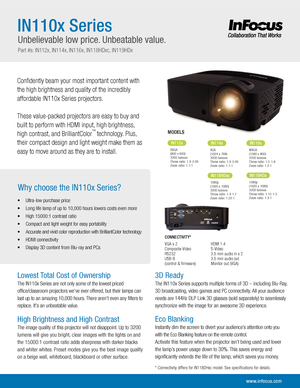Page 1Condently beam your most important content with 
the high brightness and quality of the incredibly 
affordable IN110x Series projectors.
These value-packed projectors are easy to buy and 
built to perform with HDMI input, high brightness, 
high contrast, and BrilliantColor
™ technology. Plus, 
their compact design and light weight make them as 
easy to move around as they are to install.
Lowest Total Cost of Ownership
The IN110x Series are not only some of the lowest priced 
ofce/classroom projectors...
