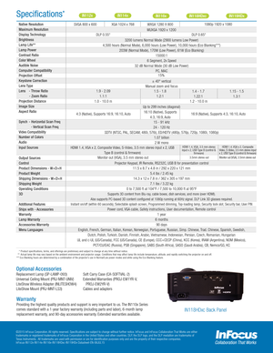 Page 2    * Product specications, terms, and offering s are preliminary and subject to change at any time without notice.
  **  Actual lamp life may vary based on the ambient environment and projector usage. Conditions that may affect lamp life include temperature, altitude, and rapidly switching the projector on and off.
*** Eco Blanking hours are determined by a combination of the projector’s use in Normal/Low power modes and while using the Eco Blanking feature.
Specications*
Optional Accessories...