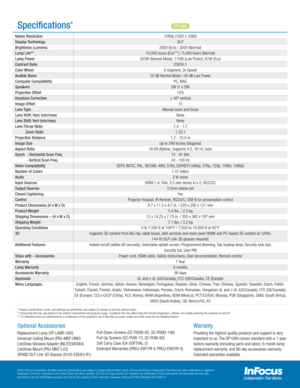 Page 4* Product specications, terms, and offerings are preliminary and subject to change at any time without notice.
** Actual lamp life may vary based on the ambient environment and projector usage. Conditions that may affect lamp life include temperature, altitude, and rapidly switching the projector on and off.
*** Eco Blanking hours are determined by a combination of the projector’s use in Normal/Low power modes and while using the Eco Blanking feature. 
Warranty
Providing the highest quality products and...