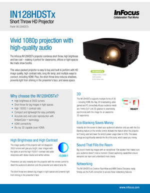 Page 1Vivid 1080p projection with 
high-quality audio
The InFocus IN128HDSTx projector combines short throw, high brightness 
and low cost – making it perfect for classrooms, ofces or tight spaces 
like trade show booths.
This value-packed projector is easy to buy and built to perform with HD 
image quality, high contrast ratio, long-life lamp, and multiple ways to 
connect, including HDMI. Plus, the short throw lens reduces shadows, 
prevents light from shining in the presenter’s face, and saves space....