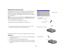 Page 2827
Replacing the projection lampThe lamp hour timer in the Service Info menu counts the number of hours 
the lamp has been in use. Twenty hours before the specified end of the 
lamp’s life, the message “Replace lamp” briefly appears on the screen at 
each startup. When the expected lamp life has been reached, the Lamp indi
-
cator icon lights red. NOTE: You can order new lamp housings from www.infocus.com (in select 
areas), your retailer or your dealer. Use only a replacement lamp with the 
same type...